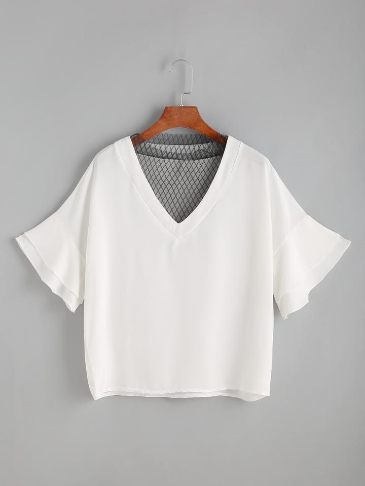 Romwe Trumpet Sleeve Mesh Insert Blouse