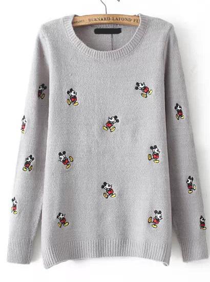Romwe Mickey Embroidered Loose Knit Grey Sweater