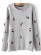 Romwe Mickey Embroidered Loose Knit Grey Sweater