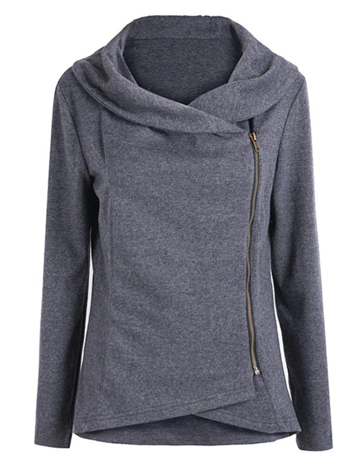 Romwe Dark Grey Long Sleeve Asymmetric Zip Outerwear