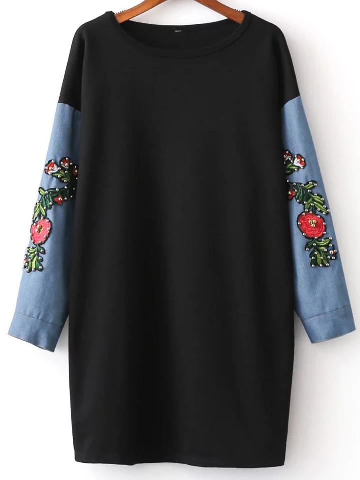Romwe Black Beading Embroidery Contrast Denim Sleeve Sweatshirt
