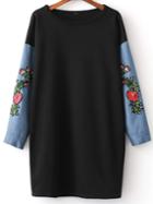 Romwe Black Beading Embroidery Contrast Denim Sleeve Sweatshirt