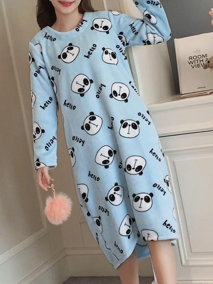Romwe Panda & Letter Print Plush Night Dress