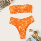 Romwe Neon Orange Marble Pattern Bandeau With High Cut Bikini