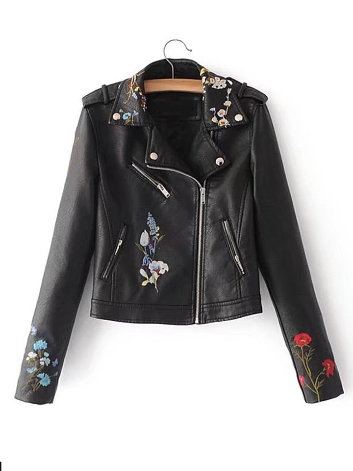 Romwe Embroidered Detail Biker Jacket
