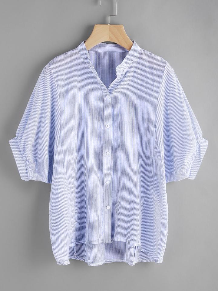 Romwe Vertical Striped Lantern Sleeve Dip Hem Blouse