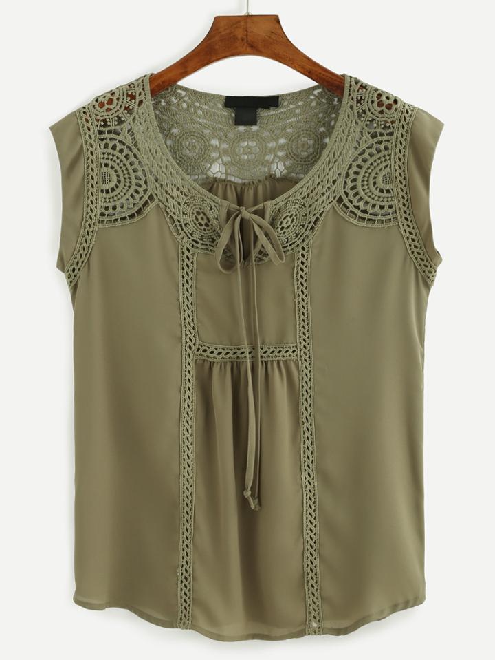 Romwe Olive Green Crochet Insert Tie Neck Top