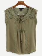 Romwe Olive Green Crochet Insert Tie Neck Top