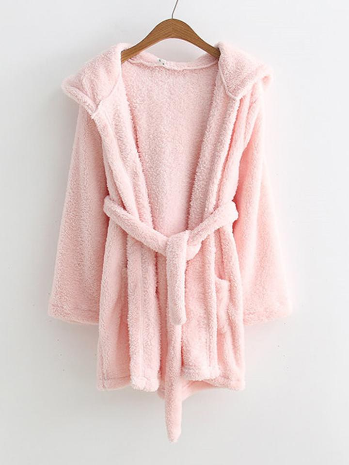 Romwe Rabbit Ear Hooded Self Tie Robe