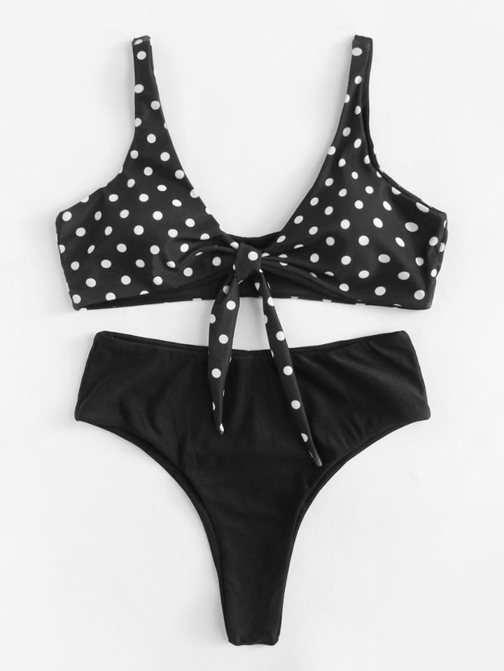 Romwe Knot Hem Polka Dot Bikini Set