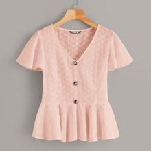 Romwe Schiffy Eyelet Button Up Peplum Tea Top