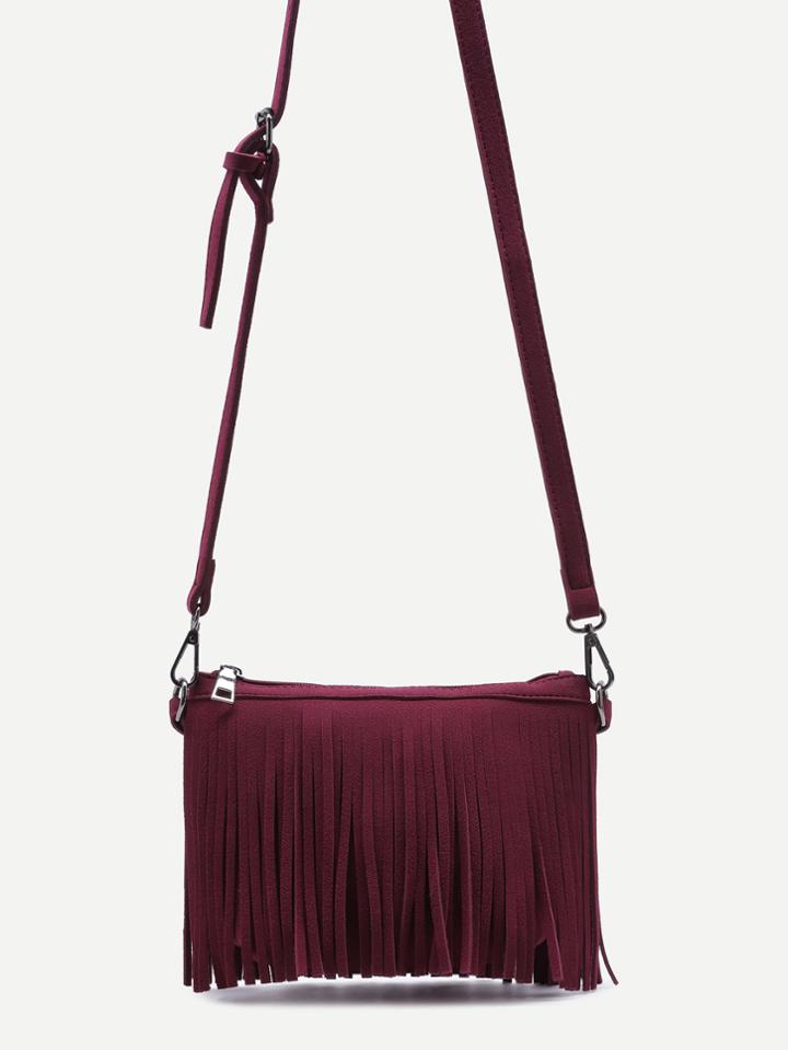 Romwe Burgundy Nubuck Leather Fringe Zip Closure Crossbody Bag