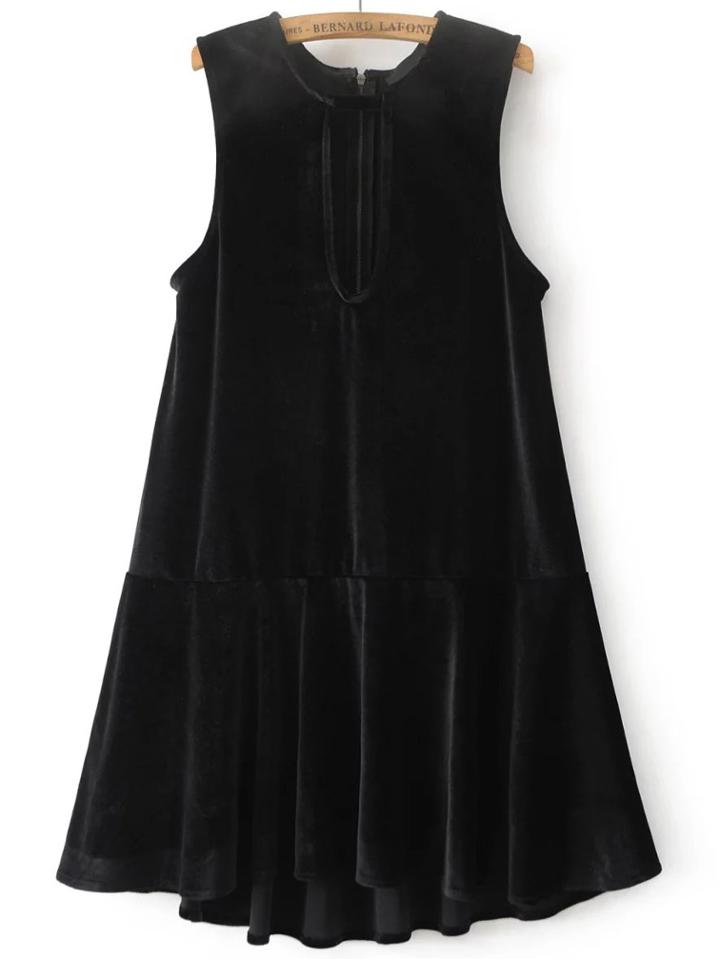 Romwe Black Keyhole Zipper Back Drop Waist Velvet Dress
