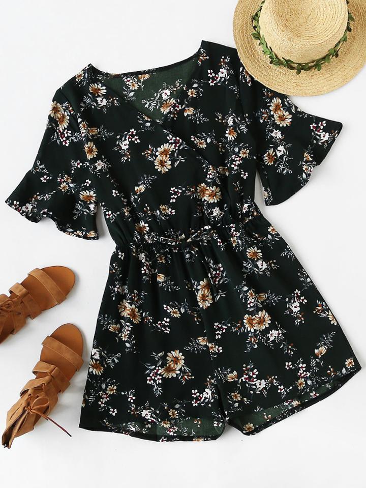 Romwe Floral Print Random Surplice Drawstring Waist Romper