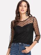 Romwe Dot Mesh Yoke Sweetheart Top