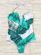 Romwe Green Leaf Print V Neck One-piece Swimwear