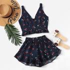 Romwe Cherry Print Frill Hen Top With Shorts