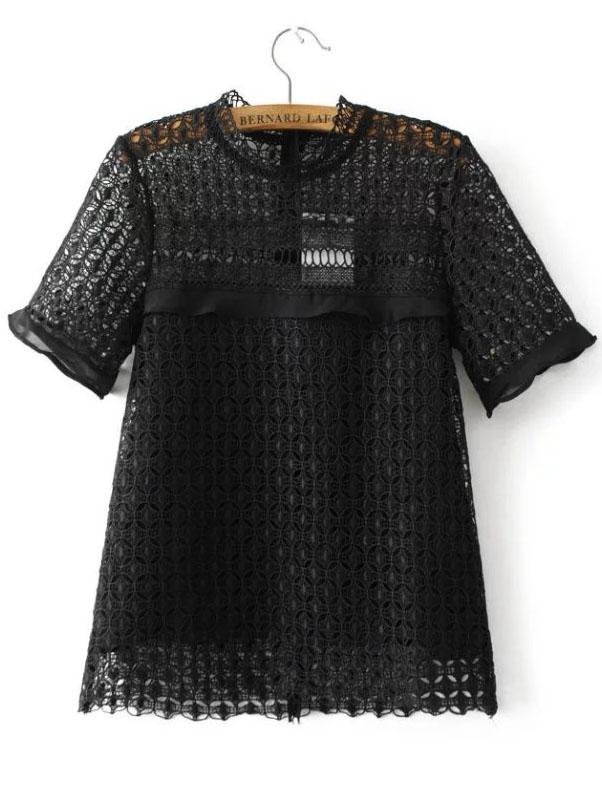 Romwe Black Crochet Design Hollow Out Top