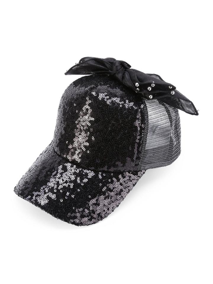 Romwe Bow Embellished Sequin Baseball Cap