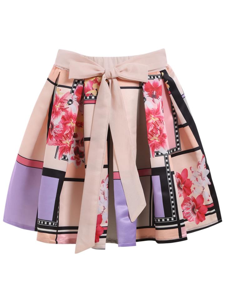 Romwe With Bow Florals Flare Skirt