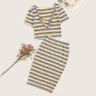 Romwe Striped V-neck Criss Cross Top With Skirt