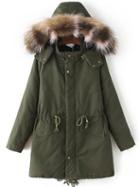 Romwe Army Green Drawstring Waist Hooded Coat With Faux Fur