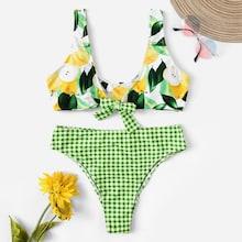 Romwe Random Pear Top With Gingham Bikini Set