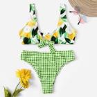 Romwe Random Pear Top With Gingham Bikini Set
