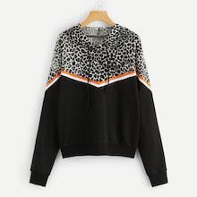 Romwe Contrast Tape Leopard Hoodie