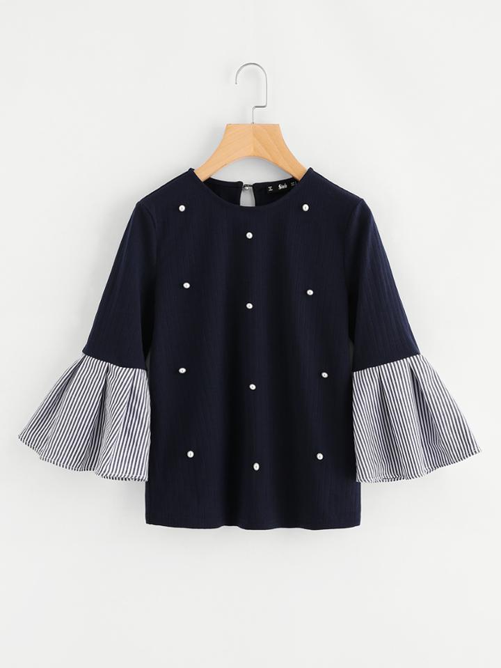 Romwe Striped Bell Sleeve Pearl Beading Keyhole Back Top