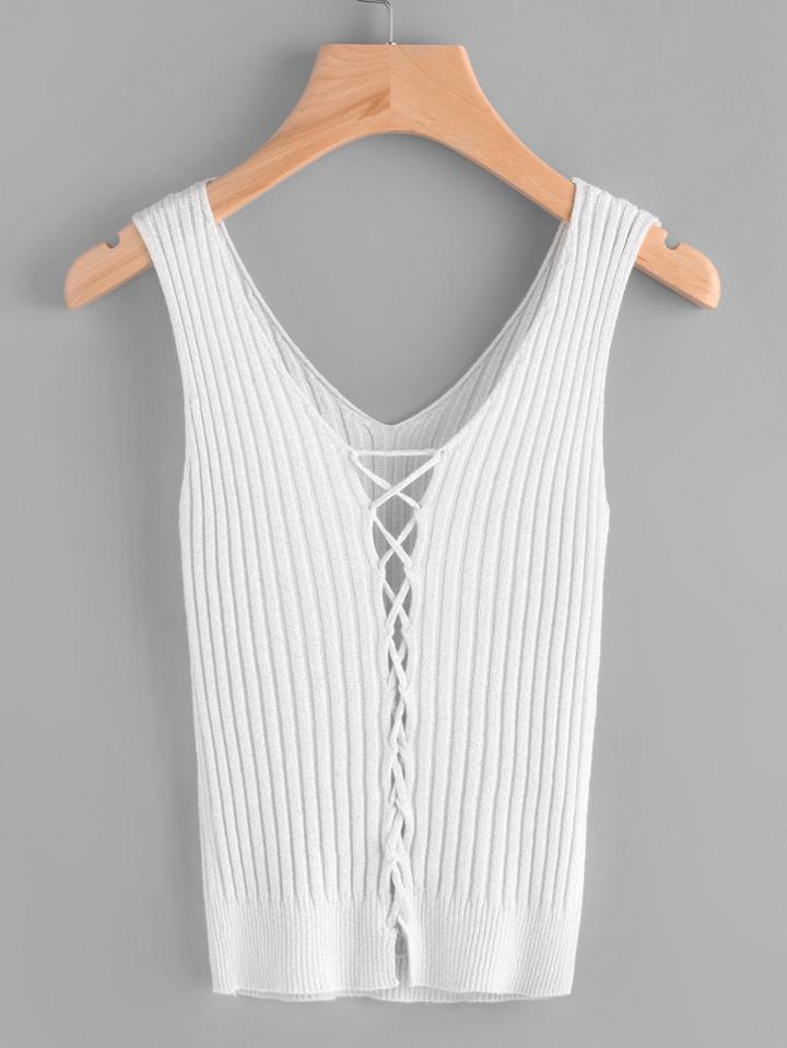 Romwe V Neckline Lace Up Front Ribbed Tank Top