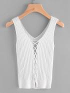 Romwe V Neckline Lace Up Front Ribbed Tank Top