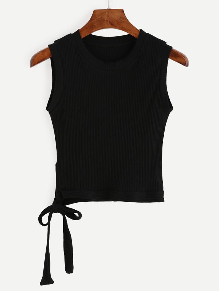 Romwe Black Side Tie Ribbed Knit Top