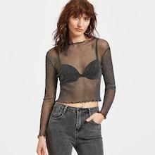 Romwe Lettuce Edge Glitter Mesh Crop Top