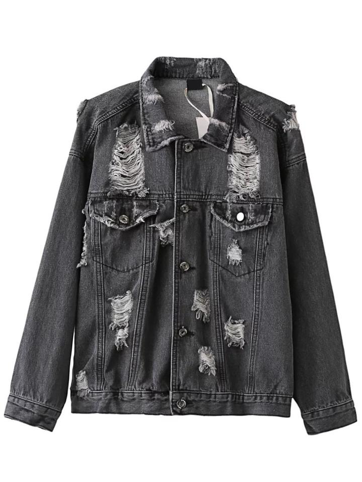 Romwe Black Ripped Denim Jacket With Pockets