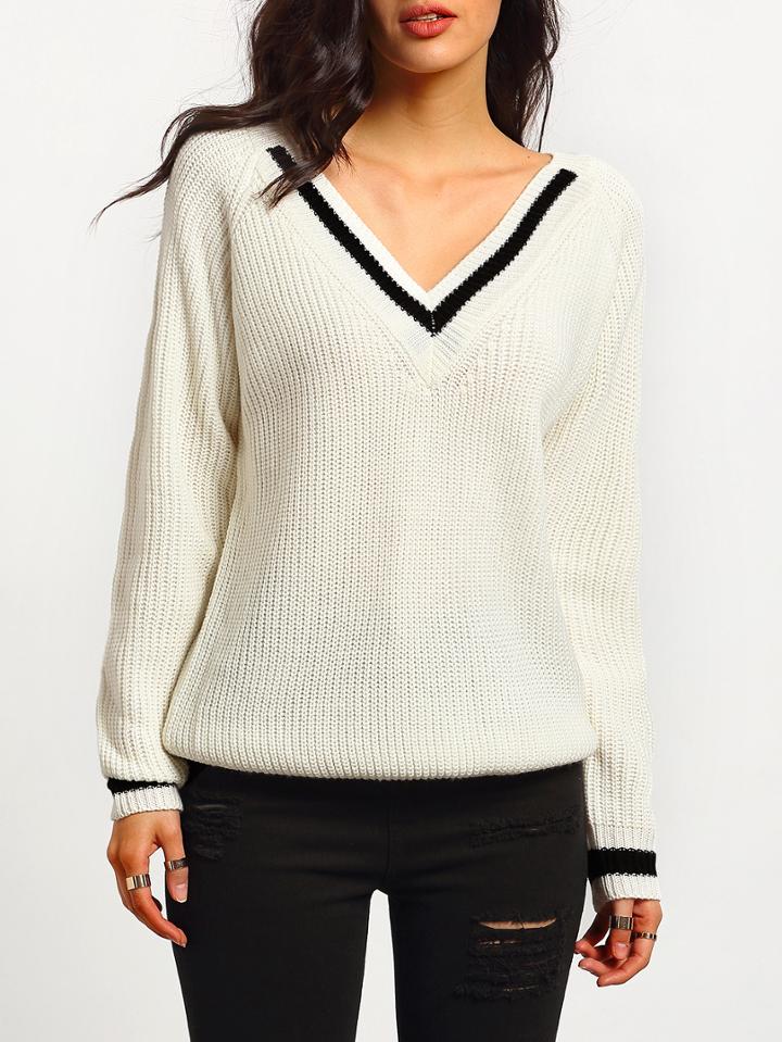 Romwe White Long Sleeve V Neck Sweater
