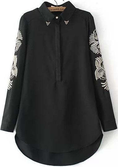Romwe Embroidered Dipped Hem Black Blouse