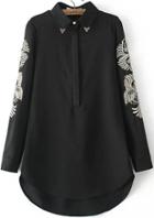 Romwe Embroidered Dipped Hem Black Blouse