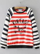 Romwe Striped Skull Print Red Sweatshirt