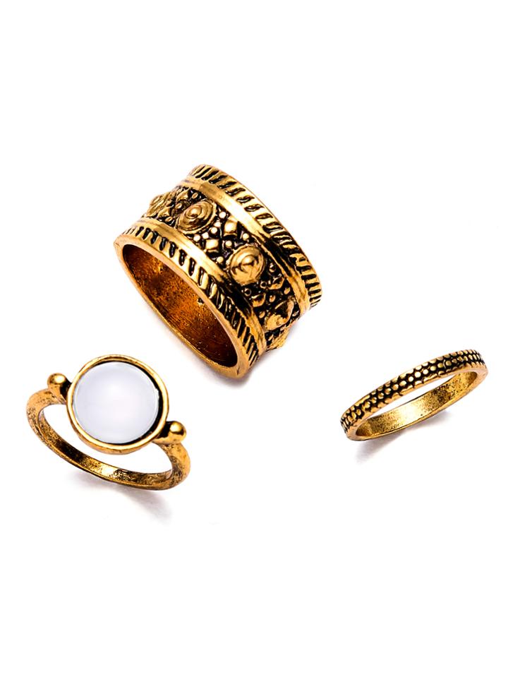 Romwe 3pcs Antique Gold Plated Vintage Carved Ring Set