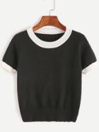 Romwe Black Contrast Trim Knitted T-shirt