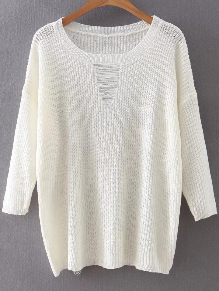 Romwe White Drop Shoulder Ripped Knitwear