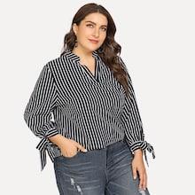 Romwe Plus Knot Detail Striped Blouse