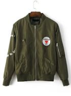 Romwe Army Green Embroidered Patch Bomber Jacket
