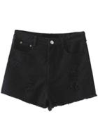 Romwe Black Pockets Fringe Trim Ripped Hole Denim Shorts