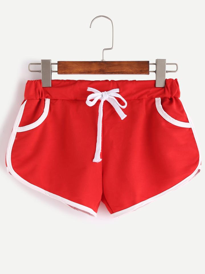 Romwe Red Contrast Trim Drawstring Shorts