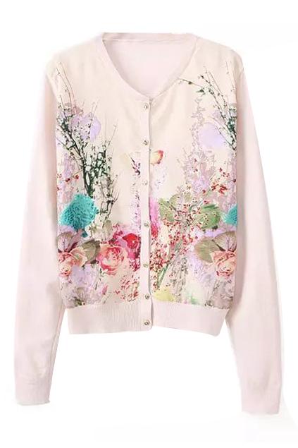 Romwe Floral Print V Neck Cardigan
