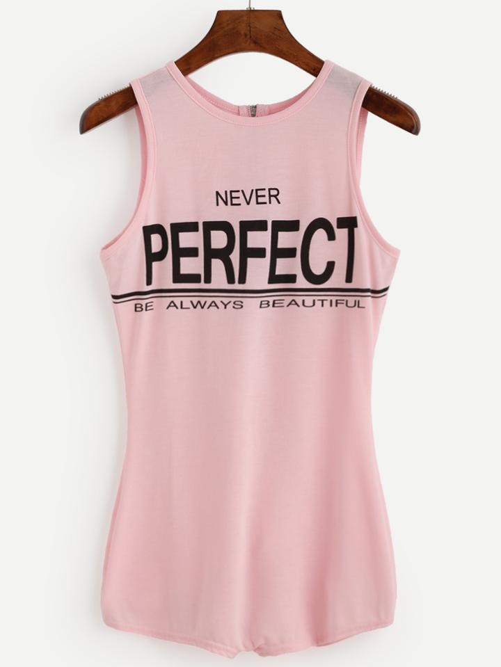 Romwe Pink Letter Print Zip Back Skinny Romper