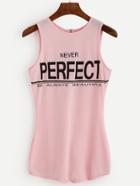 Romwe Pink Letter Print Zip Back Skinny Romper