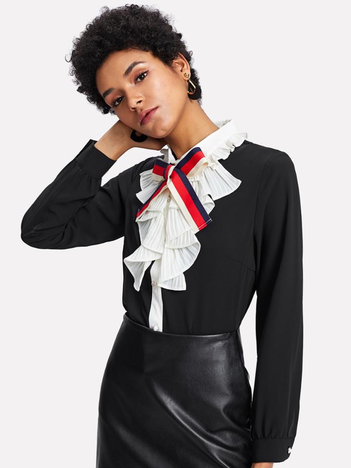 Romwe Bow Tie Front Ruffle Shirt
